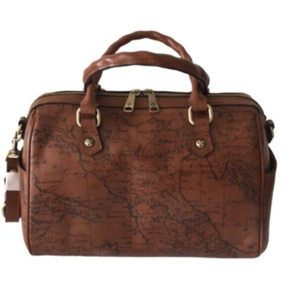 Patricia Nash Skye Speedy Satchel Leath Zip Zip Xbody Sign Map Print Riot Rust - Picture 2 of 16